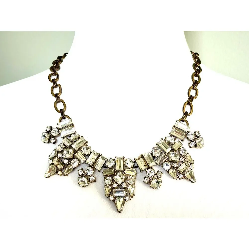 Vintage J. Crew Gold Tone Crystal Cluster Statement Necklace EUC